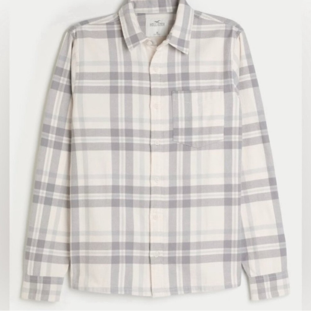 Hollister Men’s XS Gray and White Plaid Casual Button Down Shirt